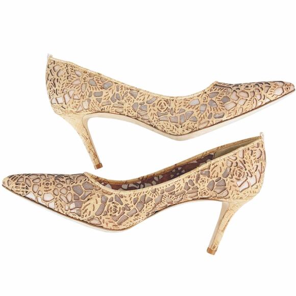 SJP Sarah Jessica Parker Fawn Cork Floral Cutout Stiletto Heels Tan EU 37 US 6.5 - Picture 6 of 11